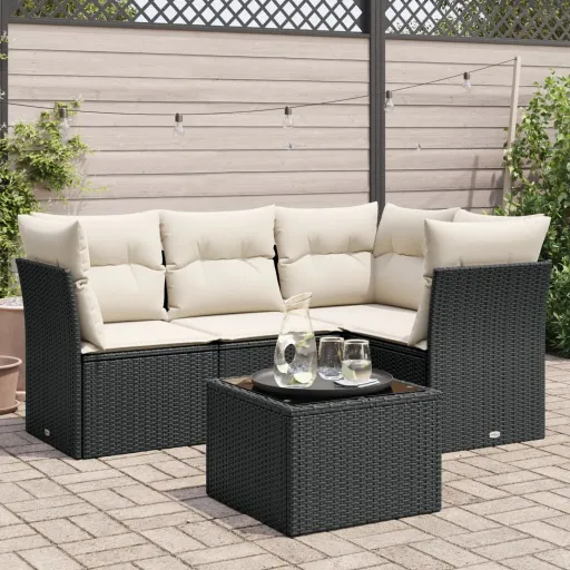 Conjunto Sofás de Jardim com Almofadões Vime PE Preto (5 pcs)