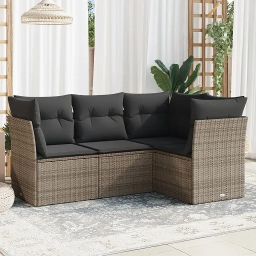Conjunto Sofás de Jardim c/ Almofadões Vime PE Cinzento (4 pcs)
