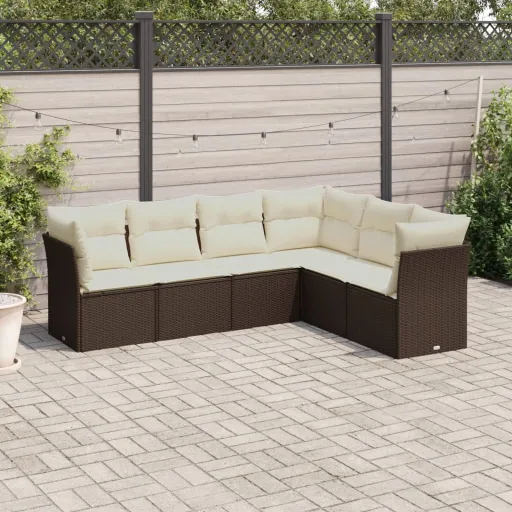 Conjunto de Sofás Jardim c/ Almofadões Vime PE Castanho (6 pcs)