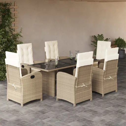 Conjunto de Jantar p/ Jardim com Almofadões Vime PE Bege (7 pcs)