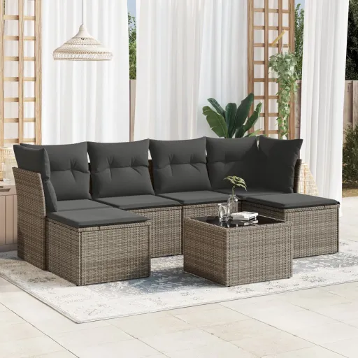 Conjunto Sofás p/ Jardim c/ Almofadões Vime PE Cinzento (7 pcs)