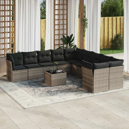 Conjunto Sofás de Jardim c/ Almofadões Vime PE Cinzento (11 pcs)