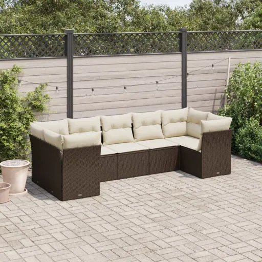 Conjunto de Sofás Jardim c/ Almofadões Vime PE Castanho (7 pcs)
