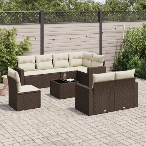 Conjunto Sofás p/ Jardim c/ Almofadões Vime PE Castanho (9 pcs)