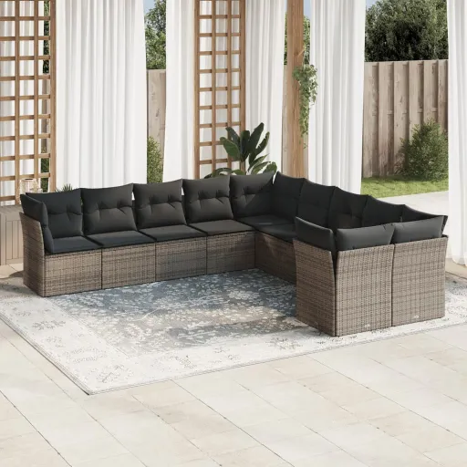 Conjunto Sofás de Jardim c/ Almofadões Vime PE Cinzento (10 pcs)