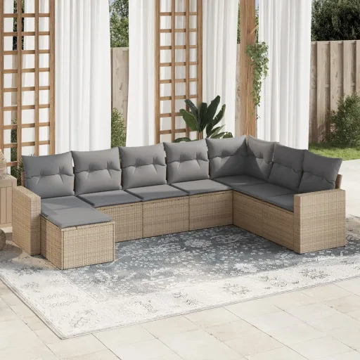 Conjunto de Sofás p/ Jardim com Almofadões Vime PE Bege (8 pcs)