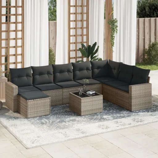 Conjunto Sofás p/ Jardim com Almofadões Vime PE Cinzento (9 pcs)