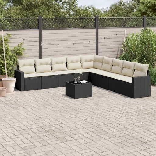 Conjunto Sofás de Jardim c/ Almofadões Vime PE Preto (10 pcs)