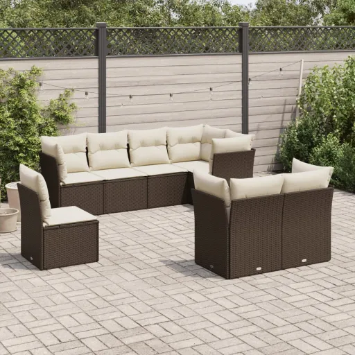 Conjunto Sofás de Jardim c/ Almofadões Vime PE Castanho (8 pcs)