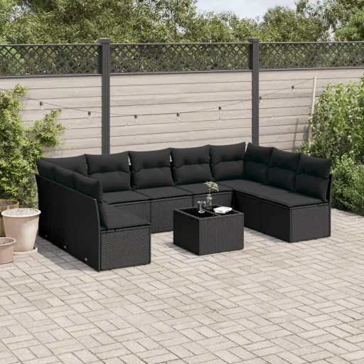 Conjunto Sofás de Jardim c/ Almofadões Vime PE Preto (10 pcs)