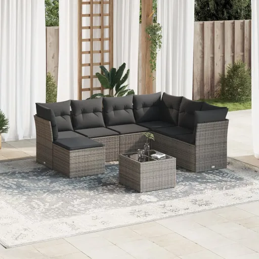 Conjunto Sofás de Jardim c/ Almofadões Vime PE Cinzento (8 pcs)