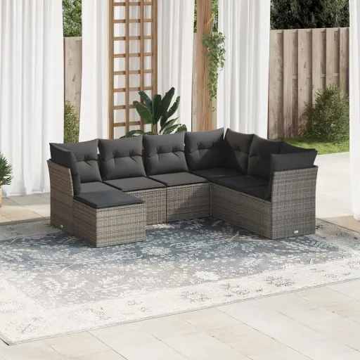 Conjunto Sofás p/ Jardim c/ Almofadões Vime PE Cinzento (7 pcs)