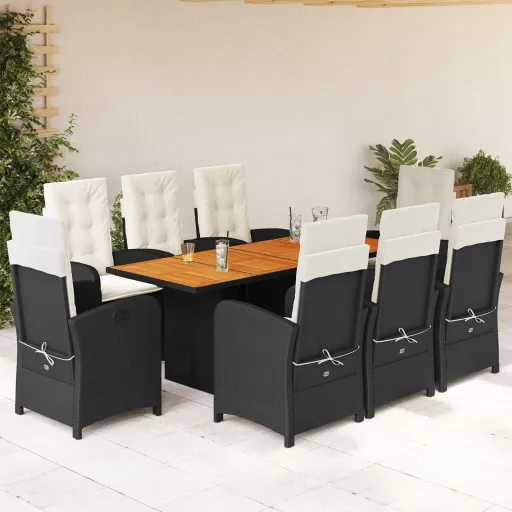 Conjunto de Jantar p/ Jardim c/ Almofadões Vime PE Preto (9 pcs)