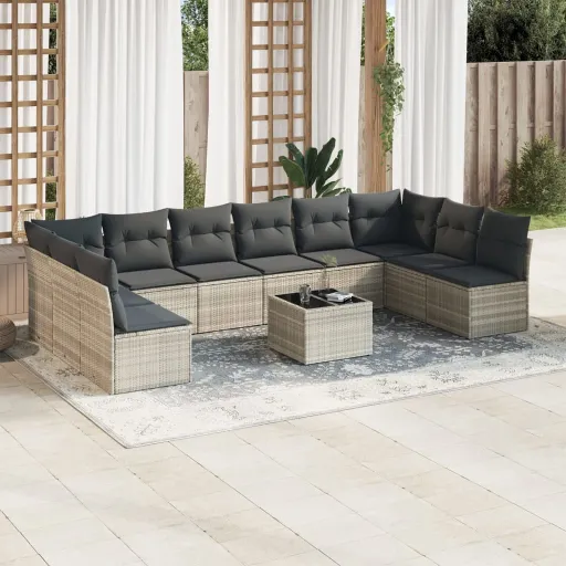 Conjunto Sofás de Jardim c/ Almofadões Vime PE Cinzento (11 pcs)