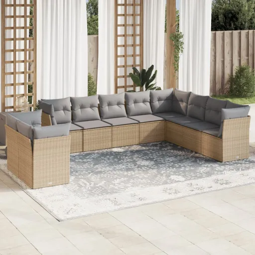 Conjunto de Sofás p/ Jardim com Almofadões Vime PE Bege (10 pcs)