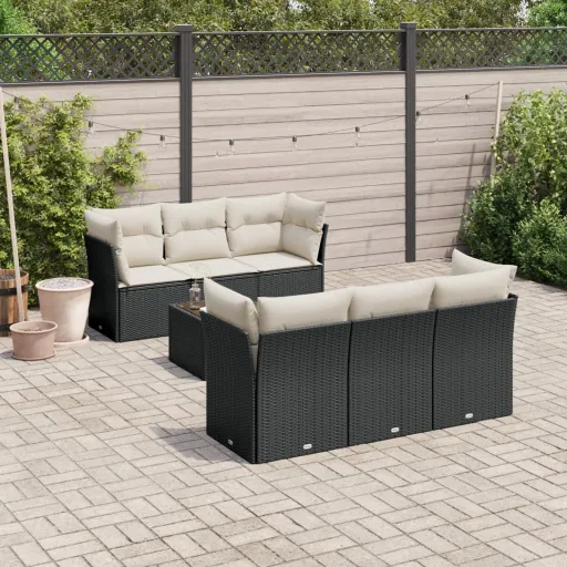 Conjunto de Sofás p/ Jardim c/ Almofadões Vime PE Preto (7 pcs)
