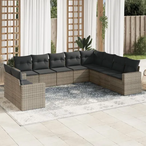 Conjunto Sofás de Jardim c/ Almofadões Vime PE Cinzento (10 pcs)
