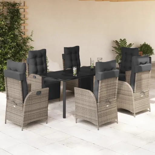 Conjunto de Jantar p/ Jardim c/ Almofadões Vime PE Cinza (7 pcs)