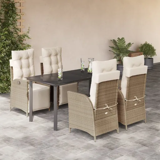 Conjunto de Jantar p/ Jardim com Almofadões Vime PE Bege (5 pcs)