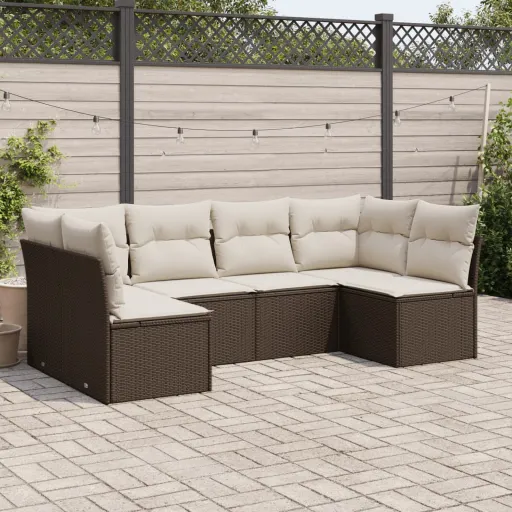 Conjunto de Sofás Jardim c/ Almofadões Vime PE Castanho (6 pcs)