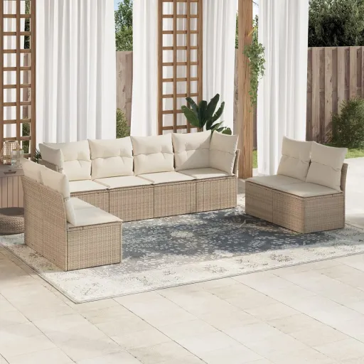 Conjunto de Sofás p/ Jardim com Almofadões Vime PE Bege (8 pcs)