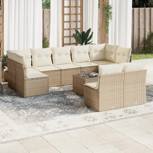 Conjunto de Sofás p/ Jardim com Almofadões Vime PE Bege (10 pcs)