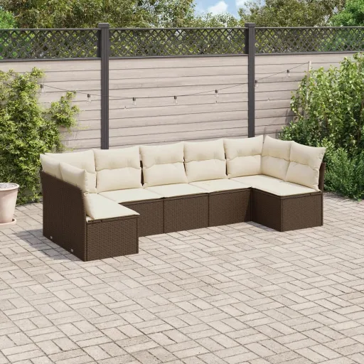 Conjunto de Sofás Jardim c/ Almofadões Vime PE Castanho (7 pcs)