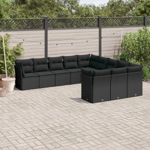 Conjunto Sofás de Jardim c/ Almofadões Vime PE Preto (11 pcs)