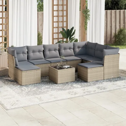 Conjunto de Sofás p/ Jardim com Almofadões Vime PE Bege (10 pcs)
