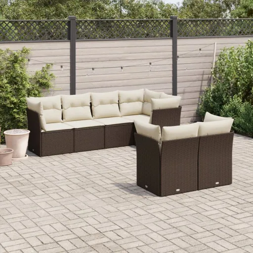 Conjunto de Sofás Jardim c/ Almofadões Vime PE Castanho (7 pcs)