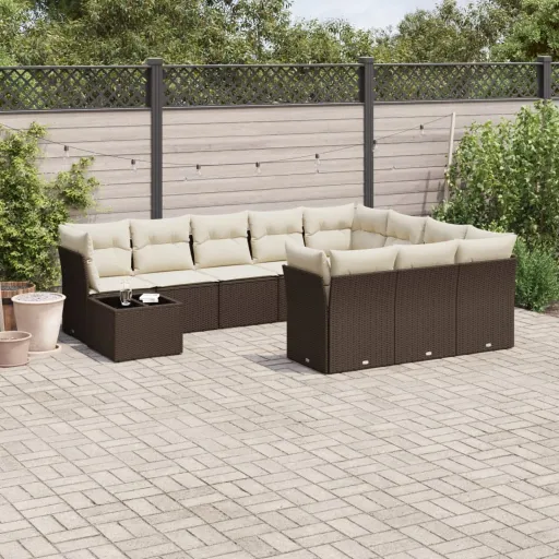 Conjunto Sofás de Jardim c/ Almofadões Vime PE Castanho (11 pcs)