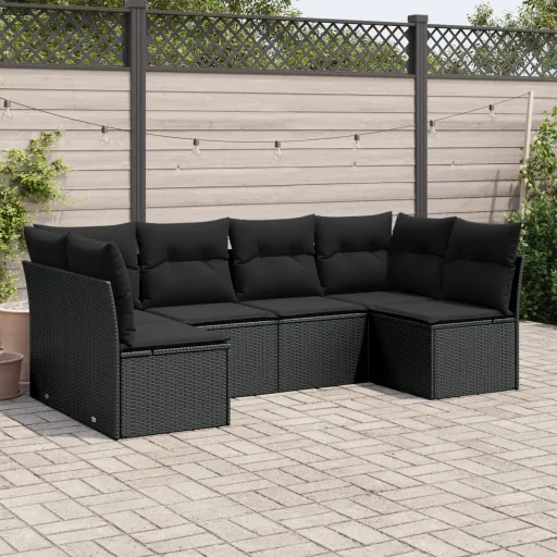 Conjunto Sofás de Jardim c/ Almofadões Vime PE Preto (6 pcs)