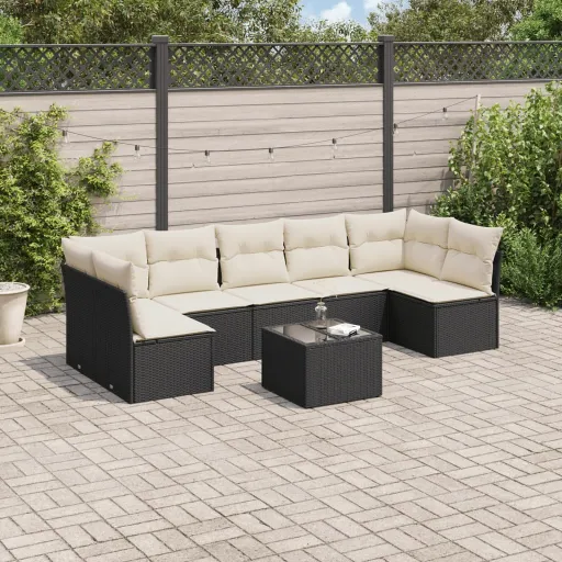 Conjunto Sofás de Jardim com Almofadões Vime PE Preto (8 pcs)