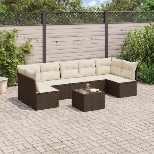 Conjunto Sofás de Jardim c/ Almofadões Vime PE Castanho (8 pcs)