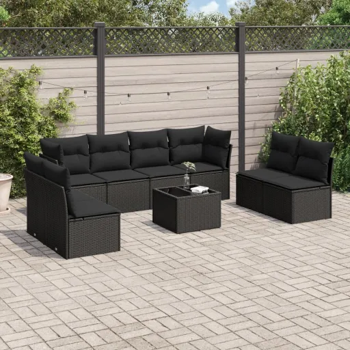 Conjunto de Sofás p/ Jardim c/ Almofadões Vime PE Preto (9 pcs)