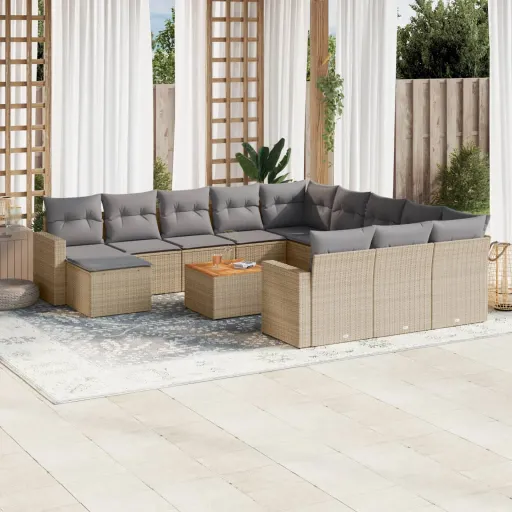 Conjunto de Sofás p/ Jardim com Almofadões Vime PE Bege (13 pcs)