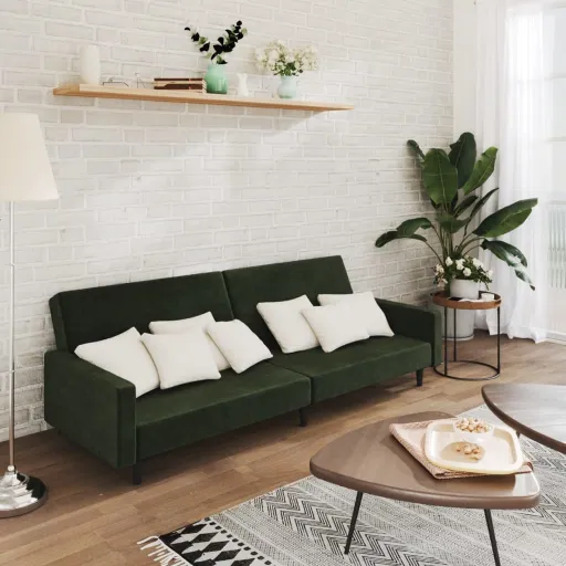 Sofá-Cama de 2 Lugares Veludo Verde-Escuro