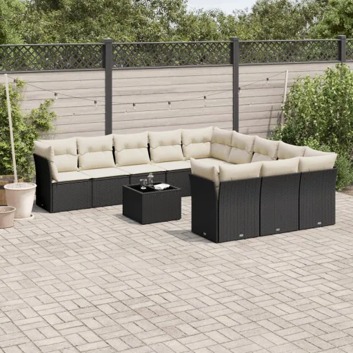 Conjunto de Sofás de Jardim c/ Almofadões Vime PE Preto (12 pcs)