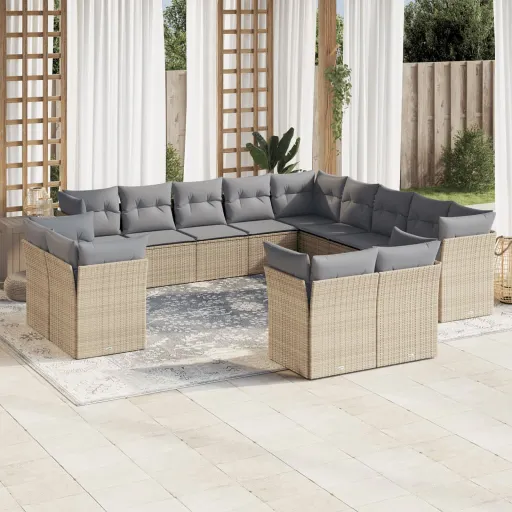 Conjunto de Sofás p/ Jardim com Almofadões Vime PE Bege (13 pcs)