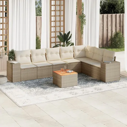 Conjunto de Sofás p/ Jardim com Almofadões Vime PE Bege (8 pcs)