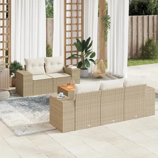 Conjunto de Sofás p/ Jardim com Almofadões Vime PE Bege (6 pcs)