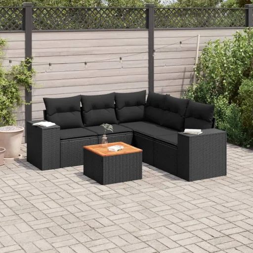 Conjunto Sofás de Jardim c/ Almofadões Vime PE Preto (6 pcs)
