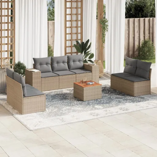 Conjunto de Sofás p/ Jardim com Almofadões Vime PE Bege (8 pcs)