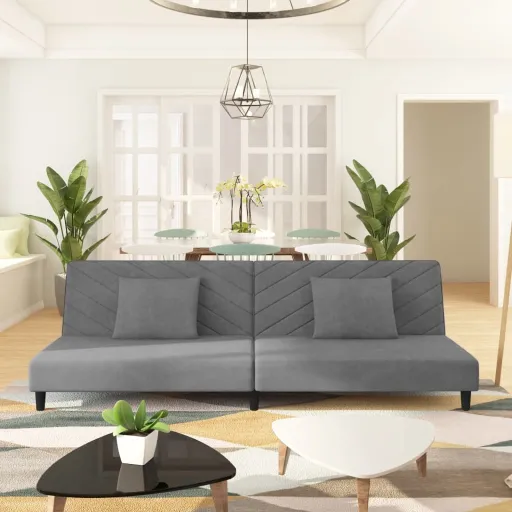 Sofá-Cama 2 Lugares com Duas Almofadas Veludo Cinzento-Claro