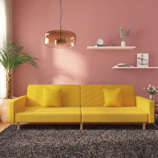 Sofá-Cama 2 Lugares com Duas Almofadas Tecido Amarelo
