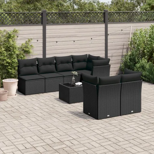 Conjunto Sofás de Jardim com Almofadões Vime PE Preto (8 pcs)