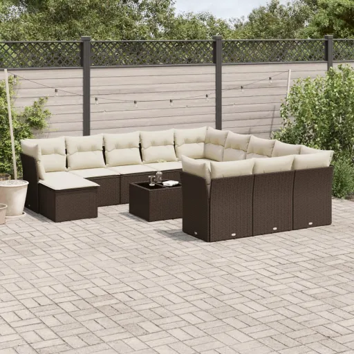Conjunto Sofás p/ Jardim c/ Almofadões Vime PE Castanho (13 pcs)