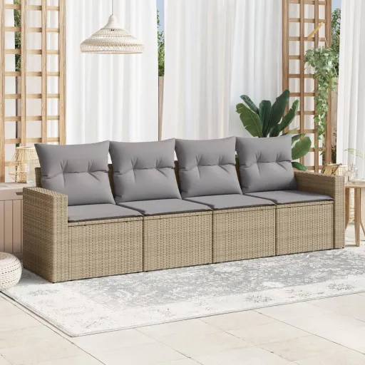 Conjunto de Sofás para Jardim c/ Almofadões Vime PE Bege (4 pcs)
