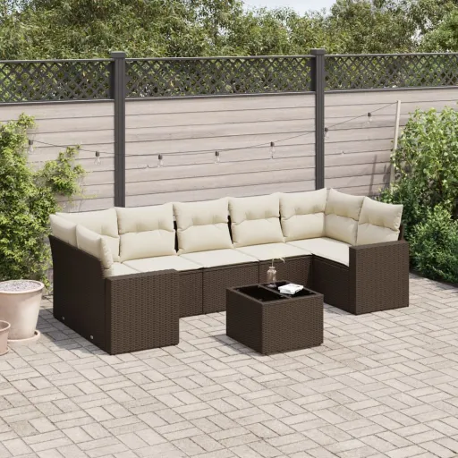 Conjunto Sofás de Jardim c/ Almofadões Vime PE Castanho (8 pcs)