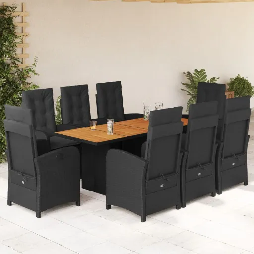 Conjunto de Jantar p/ Jardim c/ Almofadões Vime PE Preto (9 pcs)